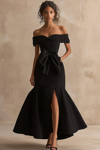 Black Satin Off The Shoulder Mermaid Maxi Formal Dress with Slit