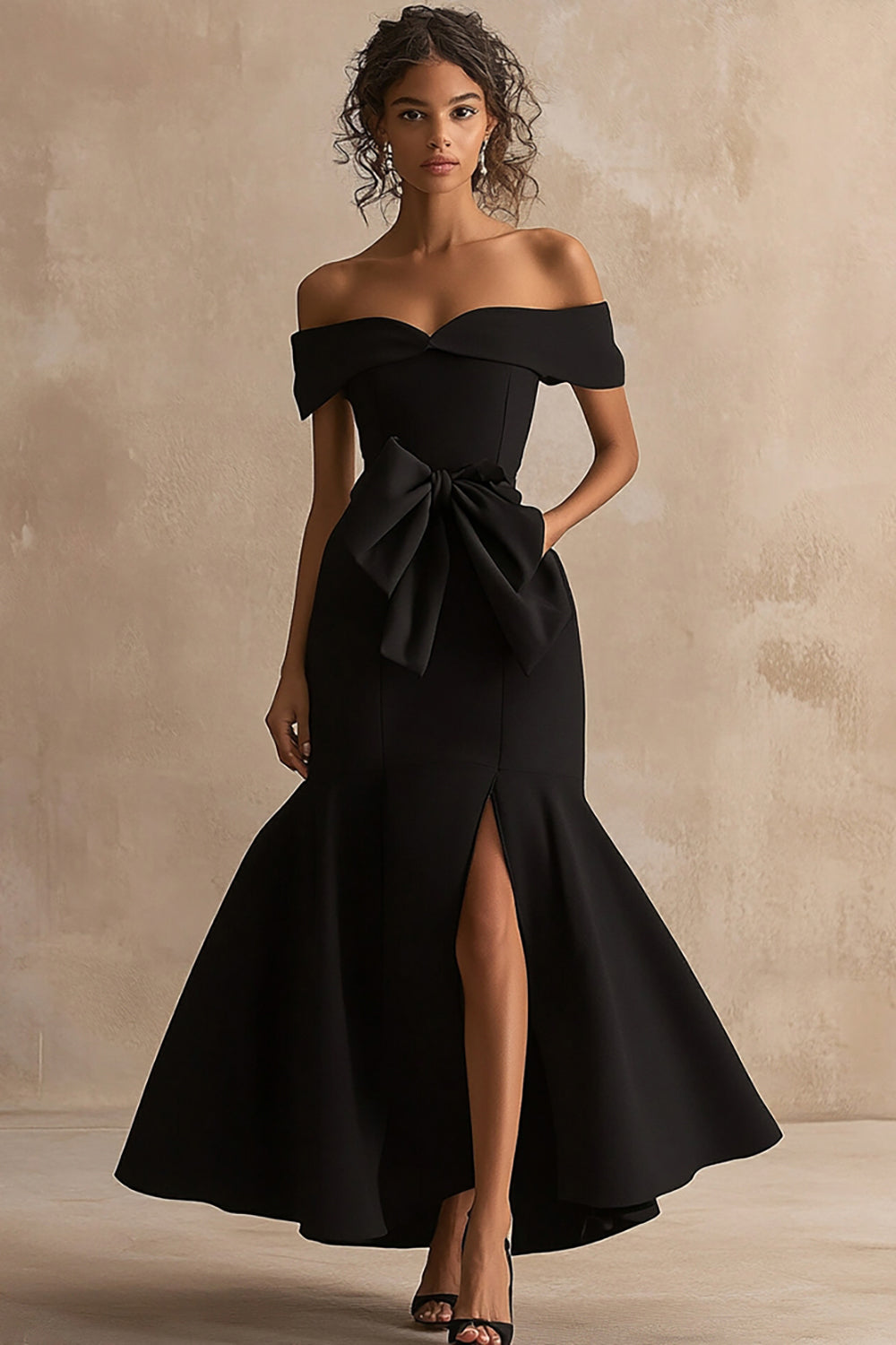 Black Satin Off The Shoulder Mermaid Maxi Formal Dress with Slit
