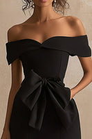 Load image into Gallery viewer, Black Satin Off The Shoulder Mermaid Maxi Formal Dress with Slit