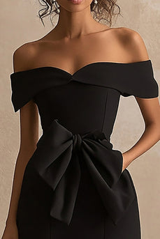Black Satin Off The Shoulder Mermaid Maxi Formal Dress with Slit
