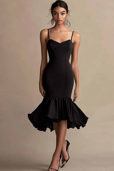 Black Spaghetti Straps Mermaid Ruffled Midi Cocktail Dress