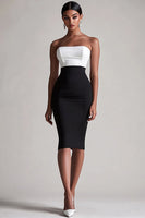 Load image into Gallery viewer, Black and White Satin Strapless Bodycon Midi Cocktail Dress