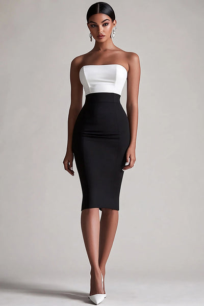 Black and White Satin Strapless Bodycon Midi Cocktail Dress