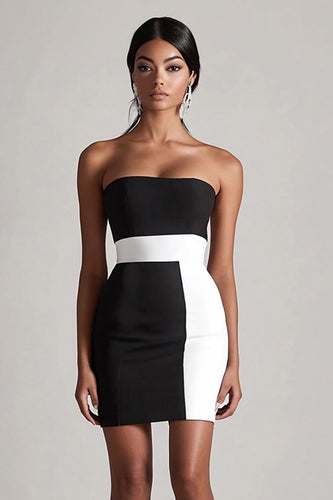 Black and White Satin Strapless Bodycon Mini Cocktail Dress