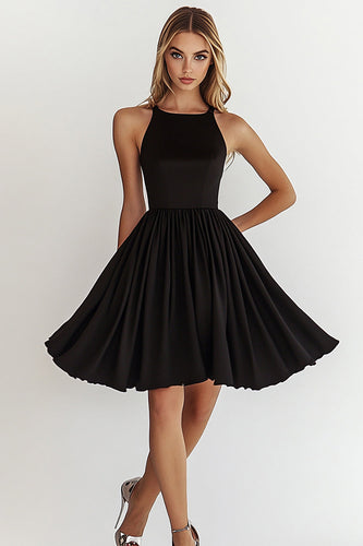 Black Boat Neck A Line Mini Cocktail Dress