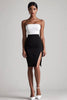Load image into Gallery viewer, Black and White Satin Strapless Bodycon Midi Cocktail Dress with Slit
