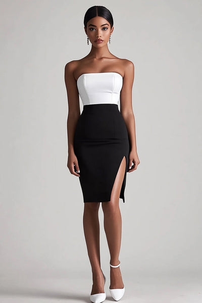 Black and White Satin Strapless Bodycon Midi Cocktail Dress with Slit