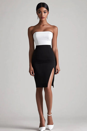 Black and White Satin Strapless Bodycon Midi Cocktail Dress with Slit