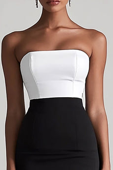 Black and White Satin Strapless Bodycon Midi Cocktail Dress with Slit