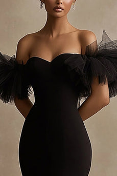 Black Satin Off The Shoulder Bodycon Ruffled Mini Cocktail Dress