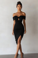Load image into Gallery viewer, Black Off The Shoulder Bodycon Mini Cocktail Dress with Keyhole