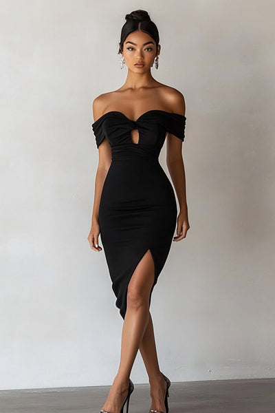 Black Off The Shoulder Bodycon Mini Cocktail Dress with Keyhole