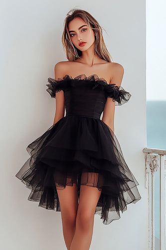 Black Tulle Off The Shoulder A Line Ruffled Mini Cocktail Dress
