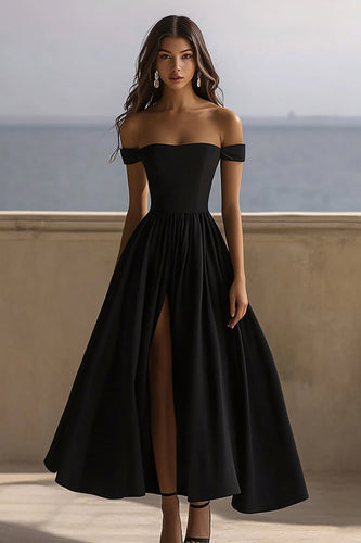Black Satin Off The Shoulder A Line Maxi Formal Dress with Slit