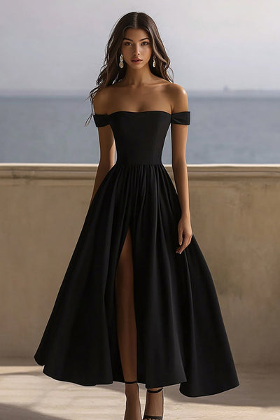 Black Satin Off The Shoulder A Line Maxi Formal Dress with Slit
