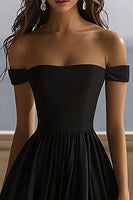 Load image into Gallery viewer, Black Satin Off The Shoulder A Line Maxi Formal Dress with Slit