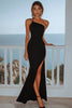 Load image into Gallery viewer, Black Satin One Shoulder Sheath Maxi Formal Dress with Slit