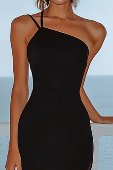 Black Satin One Shoulder Sheath Maxi Formal Dress with Slit
