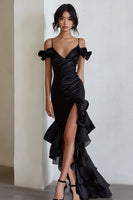 Load image into Gallery viewer, Black Cold Shoulder Ruffled Sheath Maxi Formal Dress