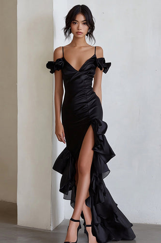 Black Cold Shoulder Ruffled Sheath Maxi Formal Dress