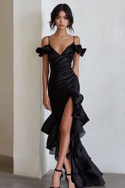 Black Cold Shoulder Ruffled Sheath Maxi Formal Dress