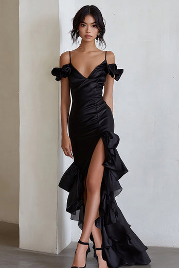Black Cold Shoulder Ruffled Sheath Maxi Formal Dress