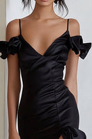Load image into Gallery viewer, Black Cold Shoulder Ruffled Sheath Maxi Formal Dress