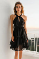 Load image into Gallery viewer, Black Chiffon Halter A Line Tiered Mini Cocktail Dress with Keyhole