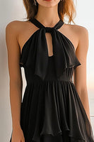 Load image into Gallery viewer, Black Chiffon Halter A Line Tiered Mini Cocktail Dress with Keyhole