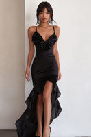 Load image into Gallery viewer, Black Bodycon Spaghetti Straps Ruffled High-Low Cocktail Dress
