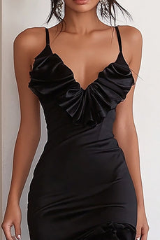 Black Bodycon Spaghetti Straps Ruffled High-Low Cocktail Dress