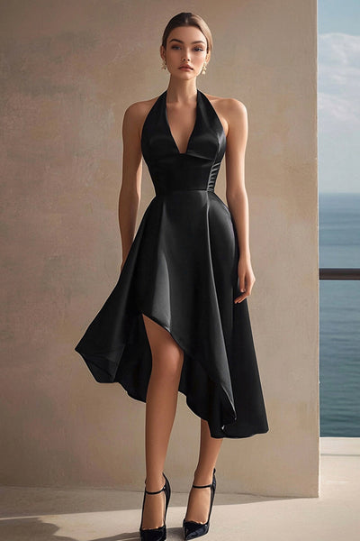 Black Satin Halter A Line Asymmetrical Cocktail Dress