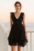Load image into Gallery viewer, Black Chiffon A Line Ruffled V Neck Mini Cocktail Dress