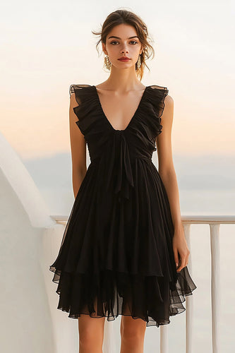 Black Chiffon A Line Ruffled V Neck Mini Cocktail Dress
