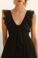 Load image into Gallery viewer, Black Chiffon A Line Ruffled V Neck Mini Cocktail Dress