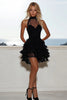 Load image into Gallery viewer, Black Lace High Neck A Line Tiered Mini Cocktail Dress