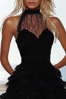 Black Lace High Neck A Line Tiered Mini Cocktail Dress