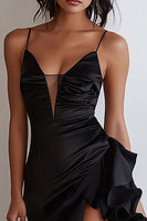 Load image into Gallery viewer, Black Spaghetti Straps Sheath Ruffled High-Low Formal Dress