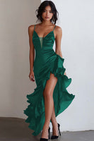 Load image into Gallery viewer, Black Spaghetti Straps Sheath Ruffled High-Low Formal Dress