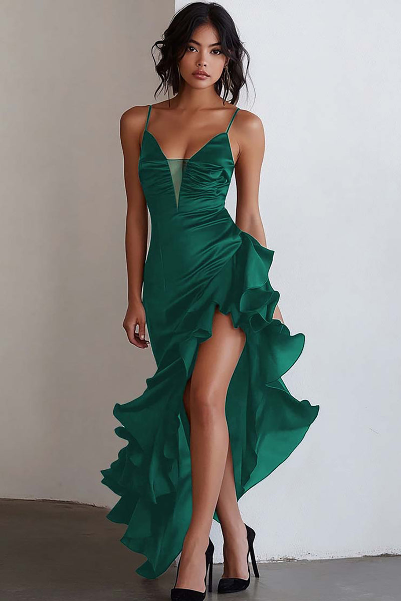 Load image into Gallery viewer, Black Spaghetti Straps Sheath Ruffled High-Low Formal Dress