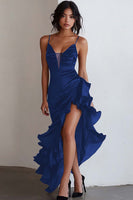 Load image into Gallery viewer, Black Spaghetti Straps Sheath Ruffled High-Low Formal Dress