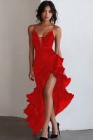 Load image into Gallery viewer, Black Spaghetti Straps Sheath Ruffled High-Low Formal Dress