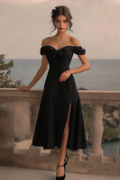 Load image into Gallery viewer, Black Satin A Line Off The Shoulder Cocktail Dress with Slit