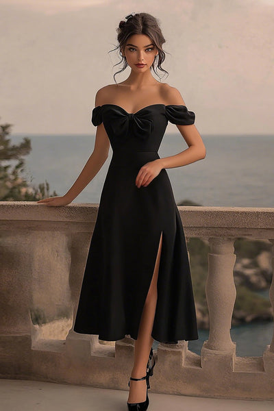 Black Satin A Line Off The Shoulder Cocktail Dress with Slit