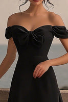 Load image into Gallery viewer, Black Satin A Line Off The Shoulder Cocktail Dress with Slit