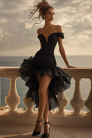 Load image into Gallery viewer, Black Off The Shoulder A Line Ruffled High-Low Cocktail Dress