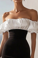 Load image into Gallery viewer, Black and White Satin Off The Shoulder Bodycon Midi Cocktail Dress