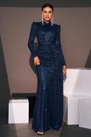Load image into Gallery viewer, Women Sparkly Navy Sequin Mermaid Prom Dress with Side Cape Maxi Sleeves High Neck Formal Dress
