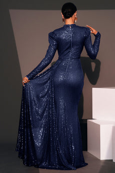 Sparkly Navy Sequin Mermaid Maxi Prom Dress with Side Cape