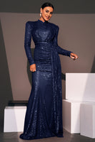 Load image into Gallery viewer, Sparkly Navy Sequin Mermaid Maxi Prom Dress with Side Cape